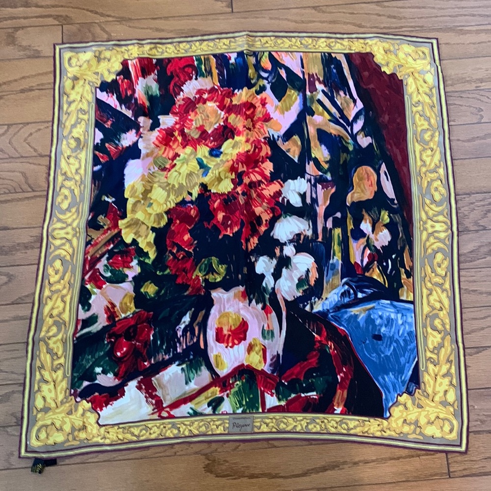 Vintage Silk Scarf Chrysanthemums P. Cezanne by Varucci 33” Hand Rolled Hem